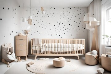 A Scandinavian-style baby nursery with minimalist furniture, neutral colors, and cozy textiles. A simple yet stylish space for a calm and happy baby