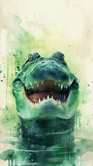 The head of a crocodile with an open mouth and sharp teeth on a watercolor background.