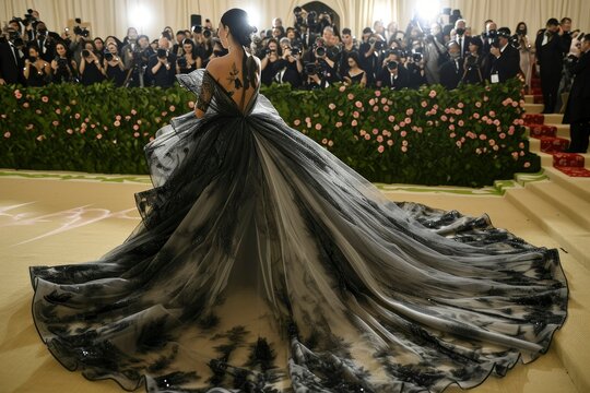 Back view of a female actress wearing a very long dress at the gala dinner. A female actress wearing a luxurious party dress walks on the red carpet