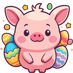 : Happy easter adorable baby pink pig cartoon with egg png, cute cartoon clipart for nursery, children's book, party, kid-friendly character, baby shower, birthday, whimsical style, happy theme