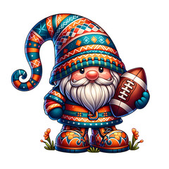 A cute gnome dressed in a colorful outfit, with the design incorporating elements of an American football ball, holding a tiny American football. The gnome is smiling, featuring a pointed hat