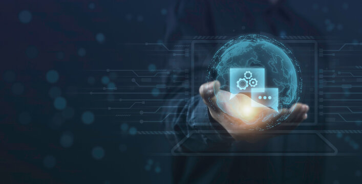IT Service and Consulting concept. Businessman utilizing IT consulting on a global network Innovation concept presented by a consultant in management, Strategic guidance, navigating challenges.