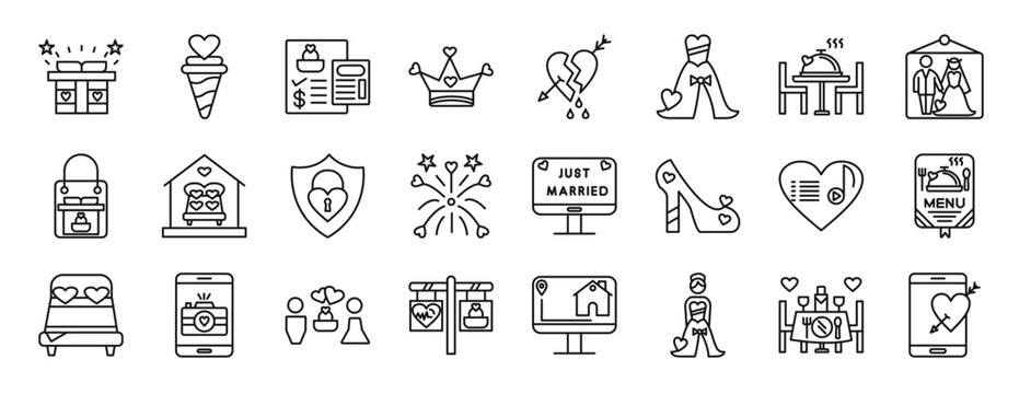 set of 24 outline web wedding icons such as giftbox, ice cream, wedding cost, crown, broken heart, wedding dress, romantic dinner vector icons for report, presentation, diagram, web design, mobile