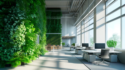 Modern computer on table in office interior. Stylish workplace with vertical garden. Generative AI