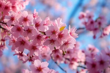 Selective focus of beautiful branches of pink Cherry blossoms on the tree under blue sky, Beautiful Sakura flowers during spring season in the park, Flora pattern texture. generative ai.