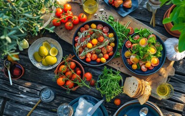 An overhead view of a garden-fresh tomato salad, featuring a colorful medley of heirloom tomatoes, on a rustic wooden table.
