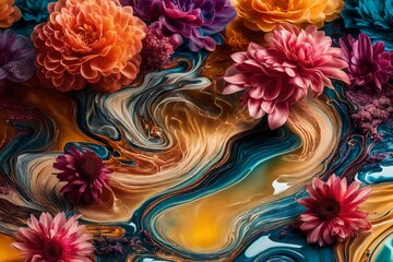 An HD-captured image showcasing the harmonious dance of colorful liquids on a simple backdrop, complemented by elegant flower patterns for a modern and sophisticated visual experience