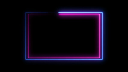 Animated Rectangle neon glowing frame background. Colorful laser show seamless loop 4K border. Futuristic light effect isolated on black.