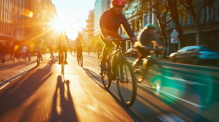 Dynamic image of cyclists riding in city during sunset creating long shadows.