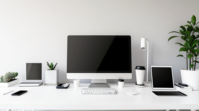 clean, organized workspace with a computer, tablet, and smartphone, highlighting a modern professional environment with technology at its core