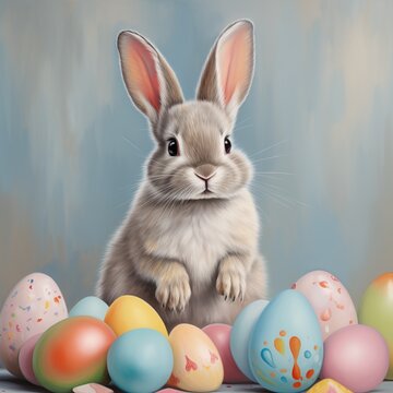 Easter bunnies sitting among painted eggs, Easter drawing art