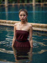 A Beautiful Asian girl in a maroon dress standing waist-deep in a clear, calm swimming pool
