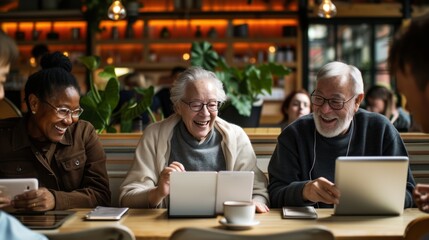 A group of elderly friends share laughter and joy while using tablets in a cozy cafe setting.