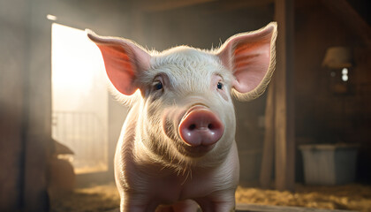 Recreation of a small cute pig in a farm - obrazy, fototapety, plakaty