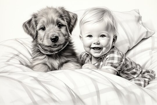 Monochrome pencil drawing of cute smiling baby with  puppy at seashore on white paper