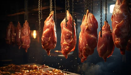 Fotobehang Recreation of pig meat pieces hanging in a butcher © bmicrostock