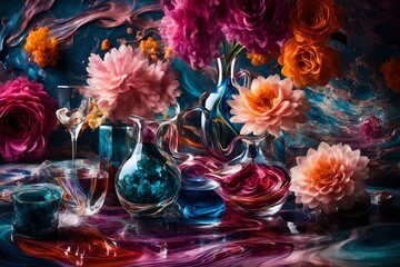 A crystal-clear image presenting the beauty of colorful liquids intertwining in an elegant manner, set against a sleek and modern backdrop with tasteful flower designs