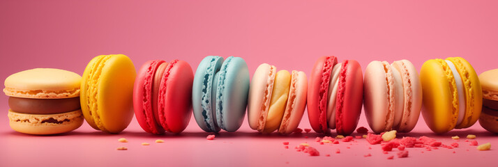 Vibrant macarons in a row, showcasing various flavors. Concept for dessert menu visuals or bakery ads. Copy space.
