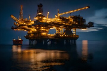 The glow of lights from an oil platform at night, with the reflection shimmering on the calm ocean surface, creating a serene and captivating scene.
