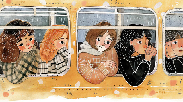 School Bus Blues: A Watercolor Illustration Depicting a Feeling of Sadness on a School Bus