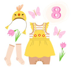 Set of summer clothes for baby: sundress with straps, pants, knee socks, hat with chicken face, bell flowers, butterflies, number eight. Accessories for baby girls birthday party for eight months.