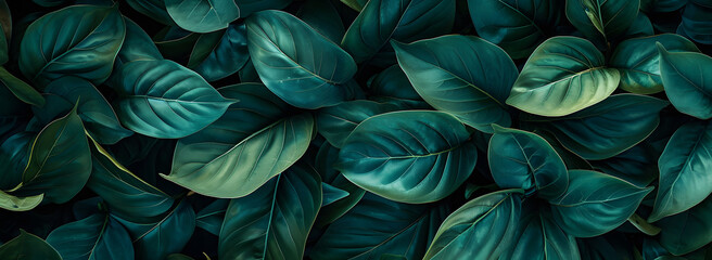 A nature background featuring an abstract green leaf texture. The image showcases dark green tropical leaves in close-up, revealing layered textures and various elements of tropical flora.