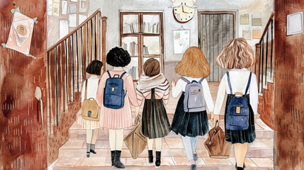 Friendship Blooms: A Watercolor Illustration of a Young Kid Making New Friends at School, Embracing the Joy of Connection