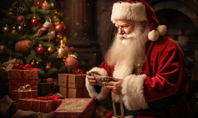 Santa puts presents under the Christmas tree in the living room, a bunch of Christmas presents, a fire in the fireplace. Magic moment