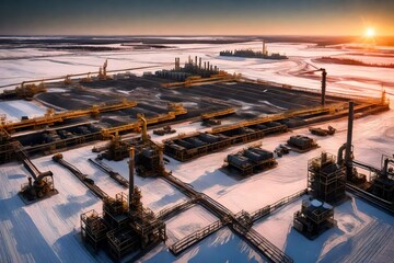 Dawn breaking over a sprawling oil sands extraction site, showcasing the scale of industrial operations
