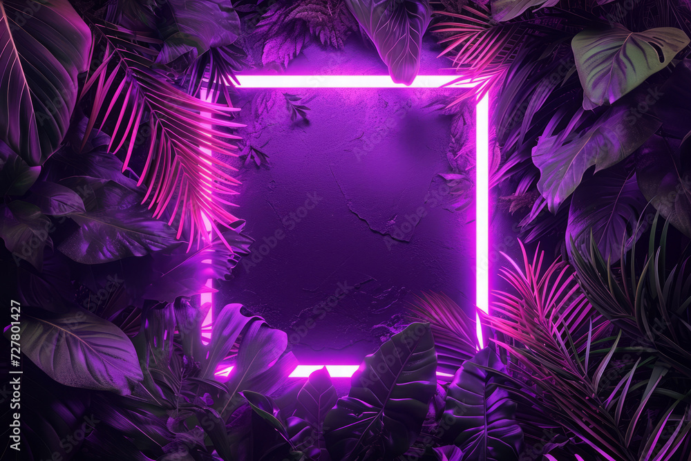 Wall mural Neon square frame surrounded by tropical leaves, Creative natural background with ultraviolet exotic plants and luminous border