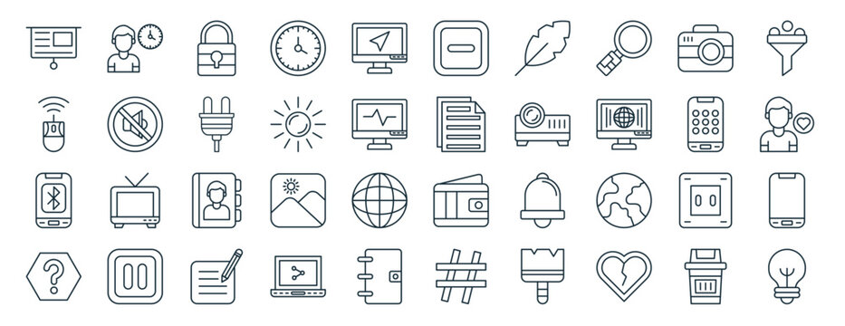 set of 40 outline web basic ui icons such as user, mouse, , interrogation, keypad, filter, minus icons for report, presentation, diagram, web design, mobile app