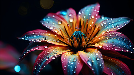 Colorful gorgeous flower sprinkled with droplets of water.