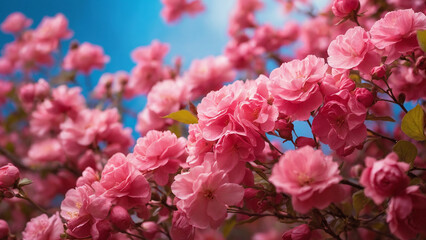 Fototapeta premium A vibrant pink floral background with a serene garden scene where delicate blossoms sway in the breeze and creating a symphony of colors and fragrances