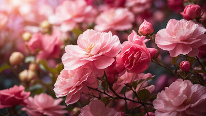 Fototapeta premium A vibrant pink floral background with a serene garden scene where delicate blossoms sway in the breeze and creating a symphony of colors and fragrances