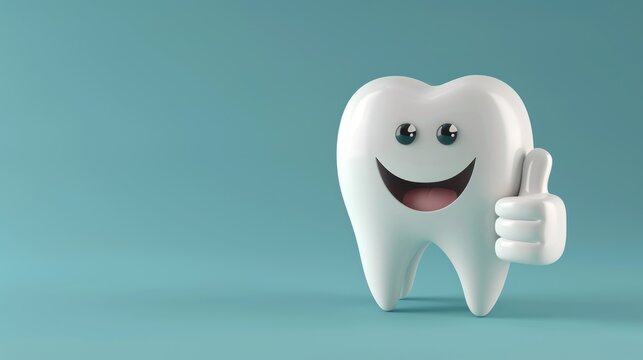 Cute tooth character thumbs up with empty space, pediatric dentist concept AI generated image