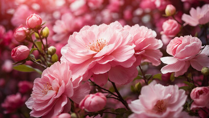 Obraz premium A vibrant pink floral background with a serene garden scene where delicate blossoms sway in the breeze and creating a symphony of colors and fragrances