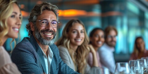 Obraz premium A diverse business group celebrates success, laughing during a lunch meeting in a vibrant office.