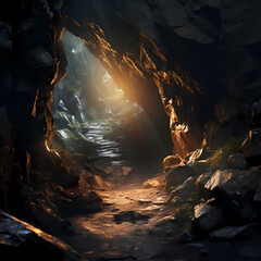 A mysterious cave entrance with a glowing light inside.