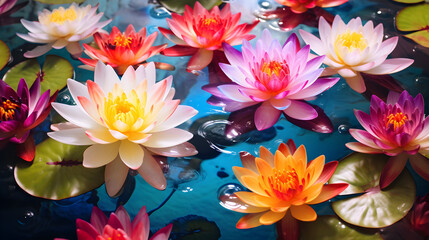 Colorful lily flowers on water surface backdrop.
