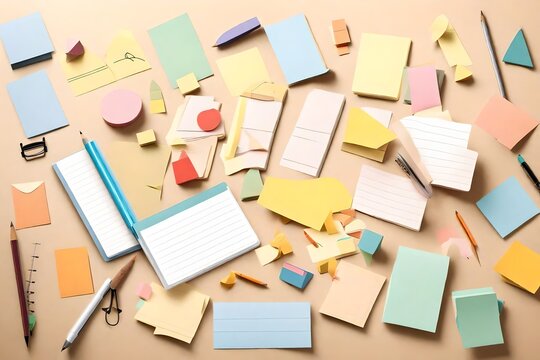 A set of playful, minimalistic sticky notes in various shapes and colors, featuring cute illustrations of school supplies