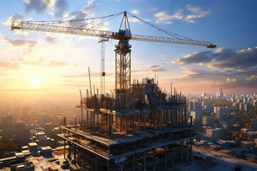 Obraz premium Construction tower cranes in the backdrop of construction and beautiful sunrise sky with clouds