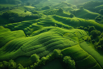 Aerial photography capturing the geometric patterns of agricultural fields, showcasing the precision and artistry of modern farming techniques. Concept of precision agriculture. Generative Ai.