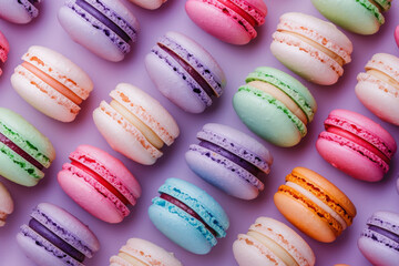 Colored macarons, close-up. Delicious french macaroons. Background with sweet dessert. Confectionery products