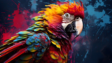 Colorful parrot is standing in front of paint splat.