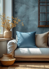 living room  interior with sofa and pillows , empty wall for mockup - 727802862