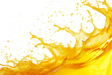 Yellow colored water splashes and drops isolated on transparent background. Abstract background with orange juice wave