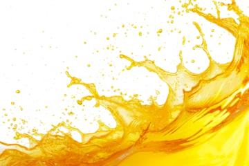 Gordijnen Yellow colored water splashes and drops isolated on transparent background. Abstract background with orange juice wave © Lazy_Bear