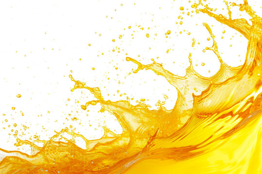 Yellow colored water splashes and drops isolated on transparent background. Abstract background with orange juice wave