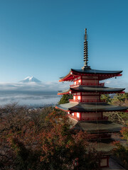 Mount Fuji with. the historic Chureito Pagoda in autumn season, Fujiyoshida, Japan.