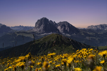 Vista del Sassolungo e Sassopiatto dal Seceda, gruppo delle Odle, Val Gardena, Dolomiti, Italia